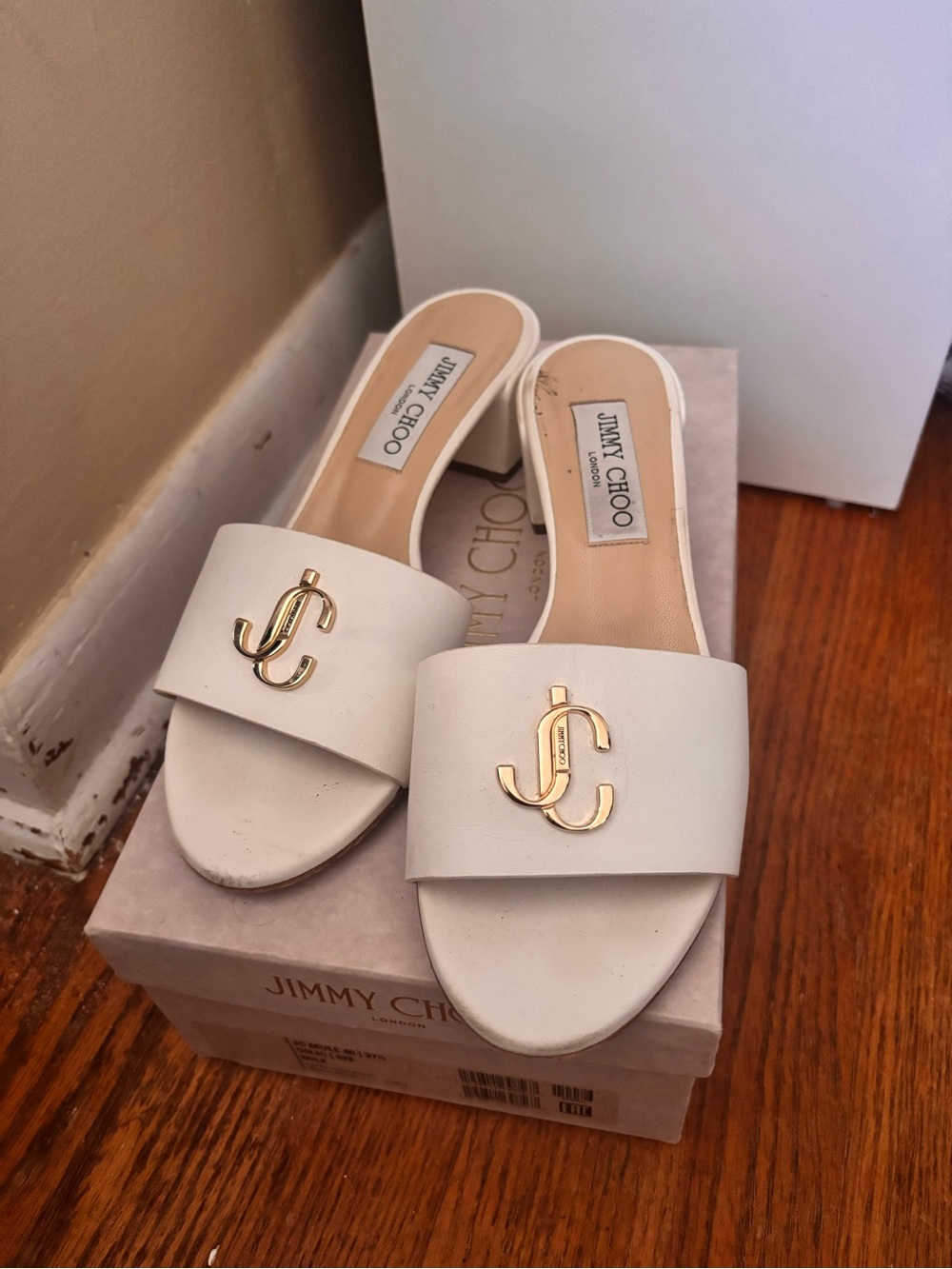 Jimmy Choo White Leather Slide Mules with Gold JC Emblem (2inch heel)
